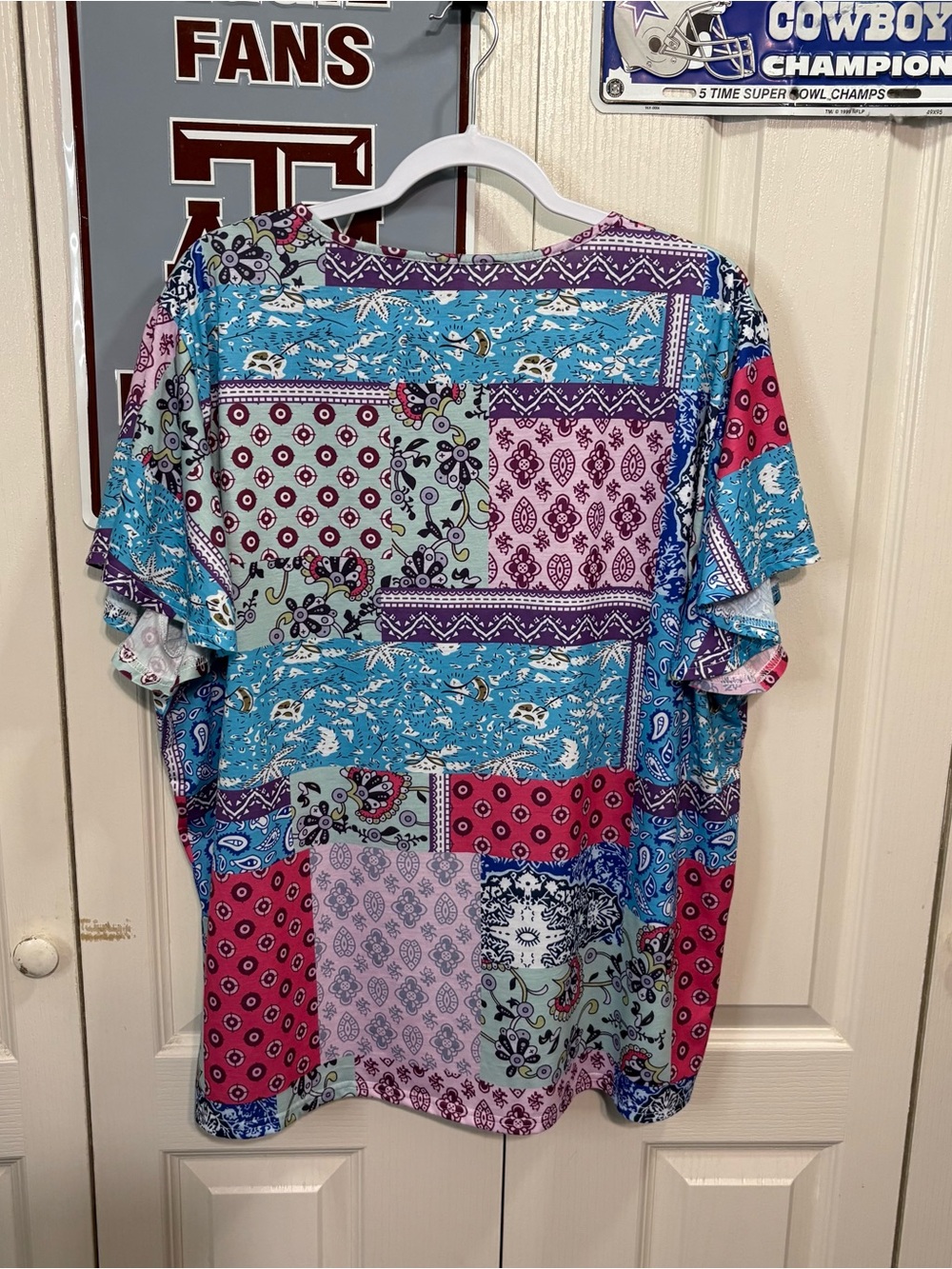 Boho Patchwork V-Neck Ruffle Sleeve Top - Multi - Picture 2 of 6